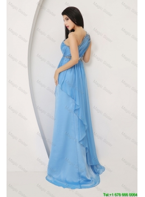 Discount Beaded Baby Blue Prom Dresses with One Shoulder