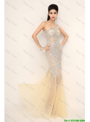 Elegant Champagne One Shoulder Prom Dresses with Side Zipper