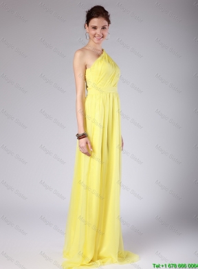 Elegant One Shoulder Sashes Yellow Prom Dresses with Sweep Train for 2016