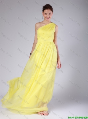 Elegant One Shoulder Sashes Yellow Prom Dresses with Sweep Train for 2016