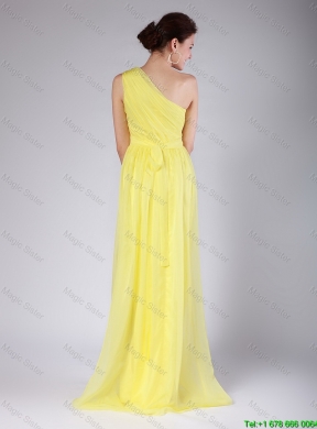 Elegant One Shoulder Sashes Yellow Prom Dresses with Sweep Train for 2016