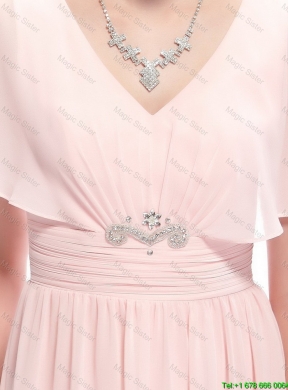 New Style V Neck Beaded Prom Dresses with Short Sleeves