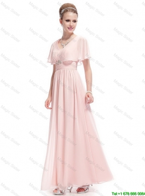 New Style V Neck Beaded Prom Dresses with Short Sleeves