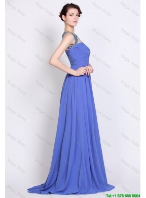 Pretty Bateau Zipper Up Blue Prom Dresses with Brush Train