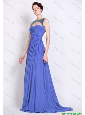 Pretty Bateau Zipper Up Blue Prom Dresses with Brush Train