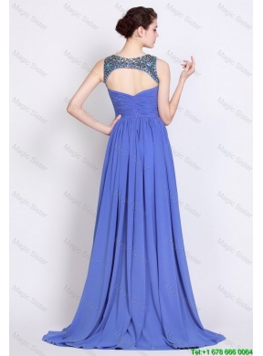 Pretty Bateau Zipper Up Blue Prom Dresses with Brush Train