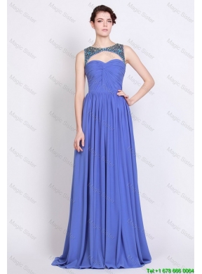 Pretty Bateau Zipper Up Blue Prom Dresses with Brush Train