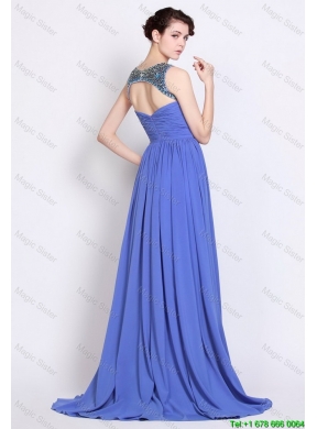 Pretty Bateau Zipper Up Blue Prom Dresses with Brush Train