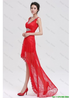 Pretty V Neck Laced and Beaded Red Prom Dresses with High Low