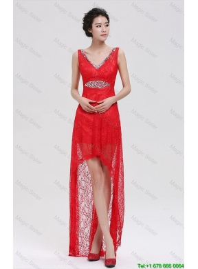 Pretty V Neck Laced and Beaded Red Prom Dresses with High Low