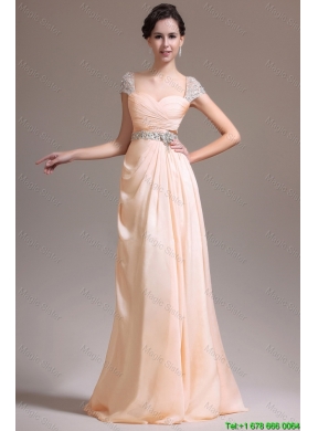 Suitable Empire Straps Beaded Prom Dresses with Cap Sleeves