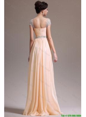 Suitable Empire Straps Beaded Prom Dresses with Cap Sleeves