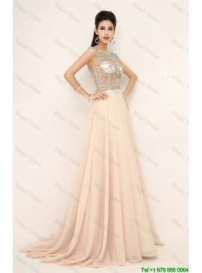 2016 Beautiful Beaded Bateau Prom Dresses with Brush Train