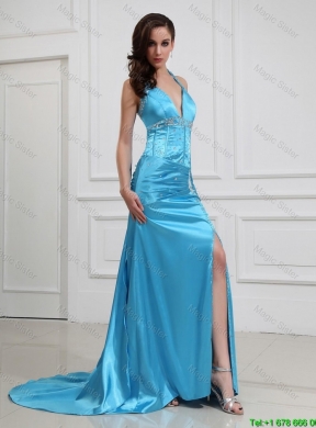 2016 Column Halter Top Brush Train Prom Dresses with High Slit