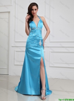 2016 Column Halter Top Brush Train Prom Dresses with High Slit