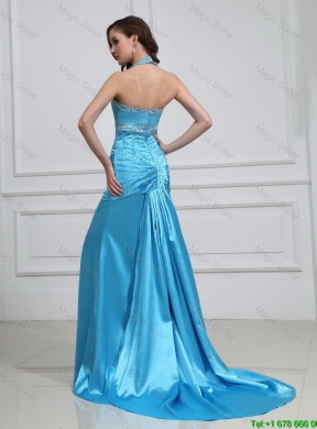 2016 Column Halter Top Brush Train Prom Dresses with High Slit