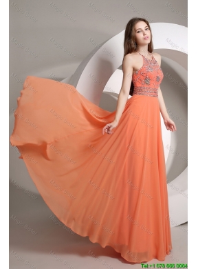 Elegant Beaded Empire Orange Prom Dresses with Halter Top