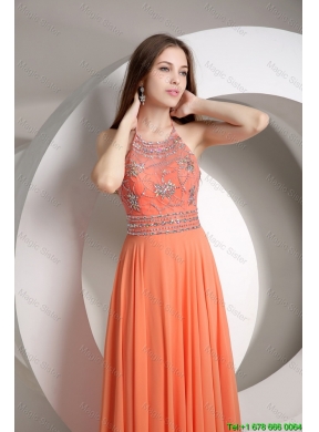 Elegant Beaded Empire Orange Prom Dresses with Halter Top