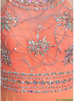 Elegant Beaded Empire Orange Prom Dresses with Halter Top