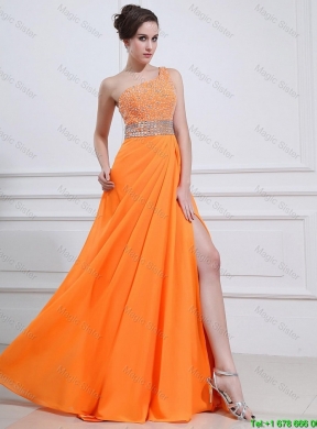 Exquisite Beading and High Slit Orange Prom Dresses with Brush Train