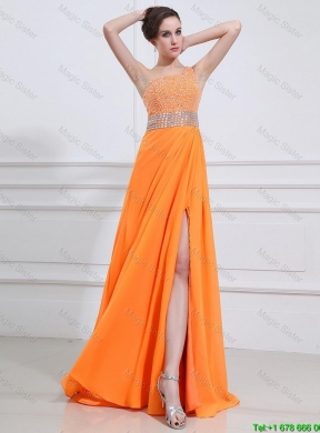 Exquisite Beading and High Slit Orange Prom Dresses with Brush Train