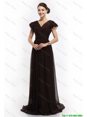 Hot Sale V Neck Ruching Empire Brush Train Prom Dresses in Black