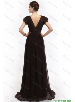 Hot Sale V Neck Ruching Empire Brush Train Prom Dresses in Black