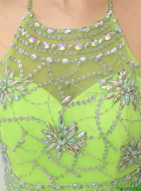 Pretty Halter Top Beaded Prom Dresses in Spring Green