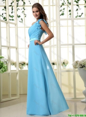 Wonderful One Shoulder Belt and Ruffles Aqua Blue Long Prom Dresses