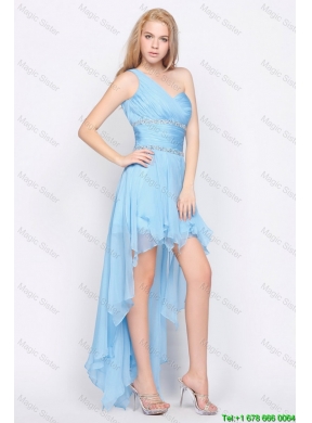 Affordable One Shoulder Beading High Low Prom Dresses in Baby Blue