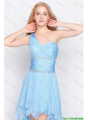 Affordable One Shoulder Beading High Low Prom Dresses in Baby Blue