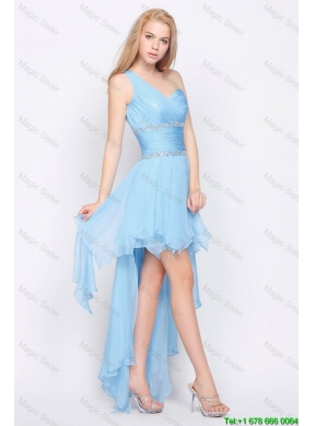 Affordable One Shoulder Beading High Low Prom Dresses in Baby Blue