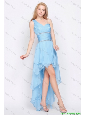 Affordable One Shoulder Beading High Low Prom Dresses in Baby Blue