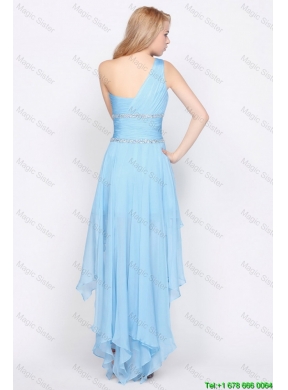 Affordable One Shoulder Beading High Low Prom Dresses in Baby Blue