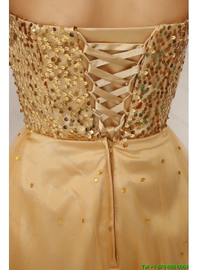 Luxurious A Line Gold Sweetheart Prom Gowns with Lace Up