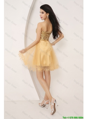 Luxurious A Line Gold Sweetheart Prom Gowns with Lace Up