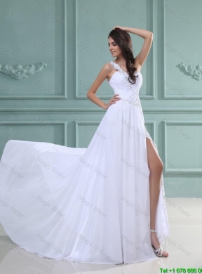 New Arrivals White Brush Train Prom Dresses with High Slit