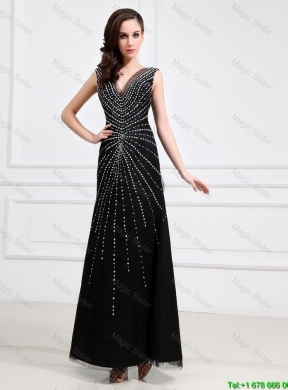 Popular Empire V Neck Beaded Backless Prom Dresses in Black