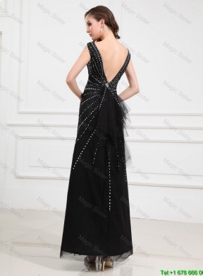 Popular Empire V Neck Beaded Backless Prom Dresses in Black