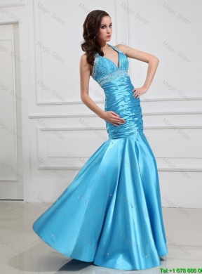 Sweet Mermaid Halter Top Prom Dresses with Beading in Baby Blue