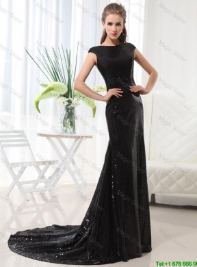 2015 Beautiful Column Bateau Brush Train Sequins Prom Dresses in Black