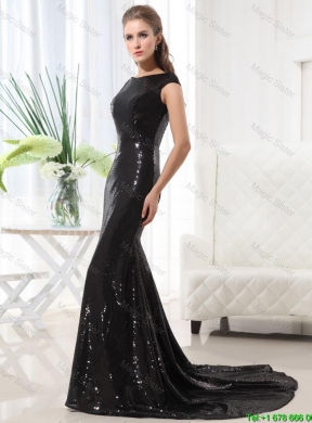 2015 Beautiful Column Bateau Brush Train Sequins Prom Dresses in Black