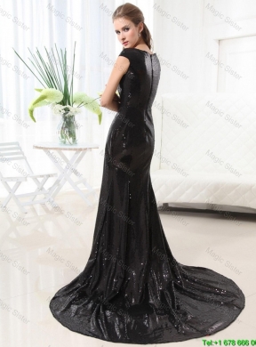 2015 Beautiful Column Bateau Brush Train Sequins Prom Dresses in Black