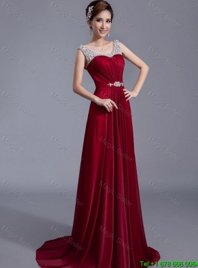 2015 Cheap Brush Train Scoop Zipper Up Prom Dresses in Wine Red