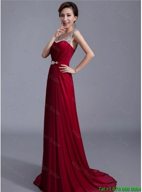 2015 Cheap Brush Train Scoop Zipper Up Prom Dresses in Wine Red