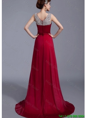 2015 Cheap Brush Train Scoop Zipper Up Prom Dresses in Wine Red