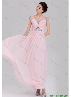 Elegant Empire Off The Shoulder Cap Sleeves Pink Prom Dresses with Beading