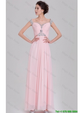 Elegant Empire Off The Shoulder Cap Sleeves Pink Prom Dresses with Beading