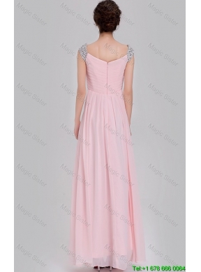 Elegant Empire Off The Shoulder Cap Sleeves Pink Prom Dresses with Beading