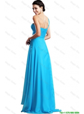 Elegant One Shoulder Aqua Blue Prom Dresses with Brush Train